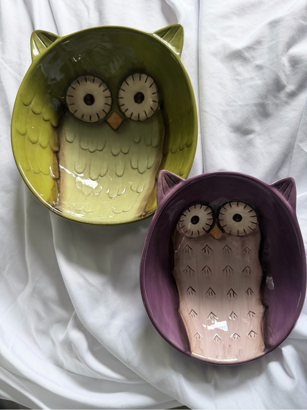 Grasslands Road Owl Ceramic Bowls — Lime Green and Plum